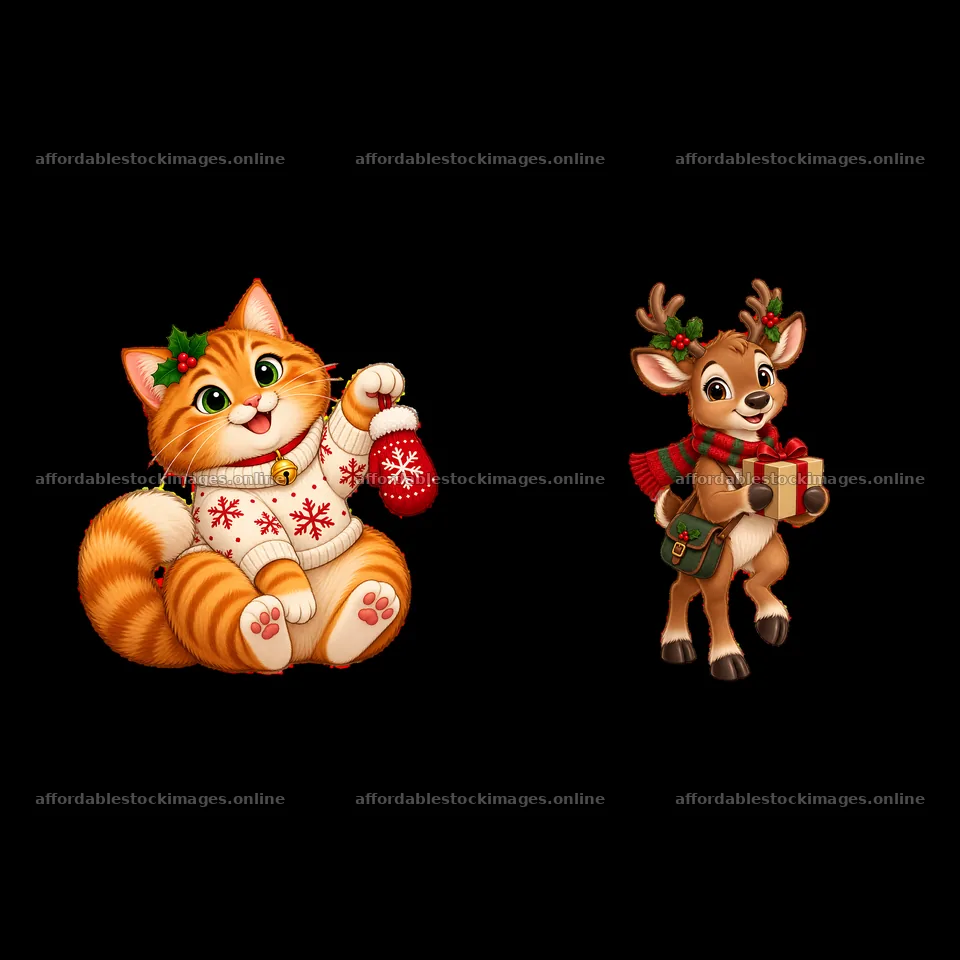 Cute cat with sweater and reindeer holding gift for Christmas – stock images 7746x7746