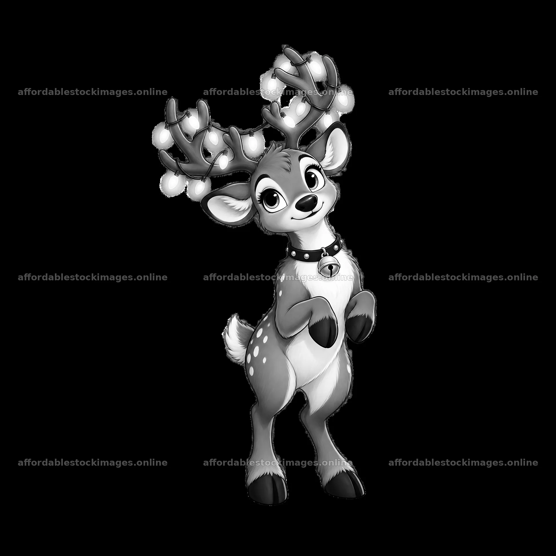 Cartoon deer character with string lights in black and white – stock images 7746x7746