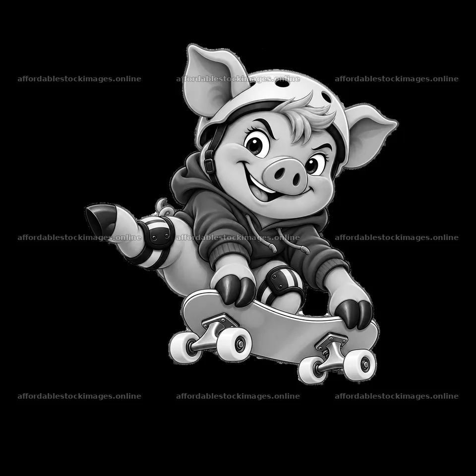 Pig character skating on skateboard with a smile – stock images 7746x7746