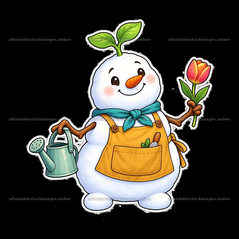 Happy snowman holding a flower and watering can in garden scene – stock images 7746x7746