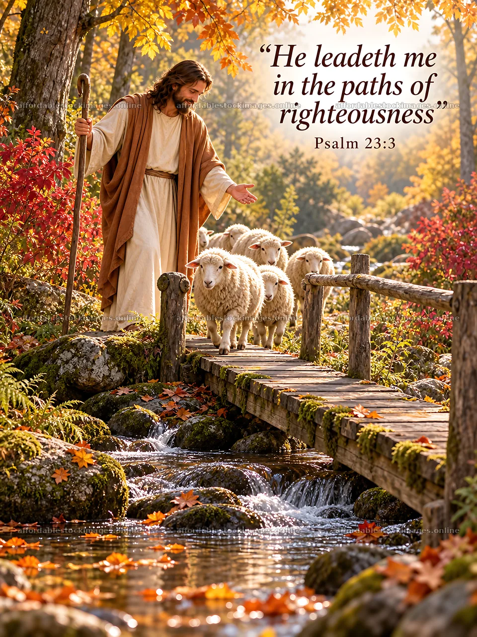 Jesus Christ guiding sheep along a tranquil stream – stock images 6708x8945