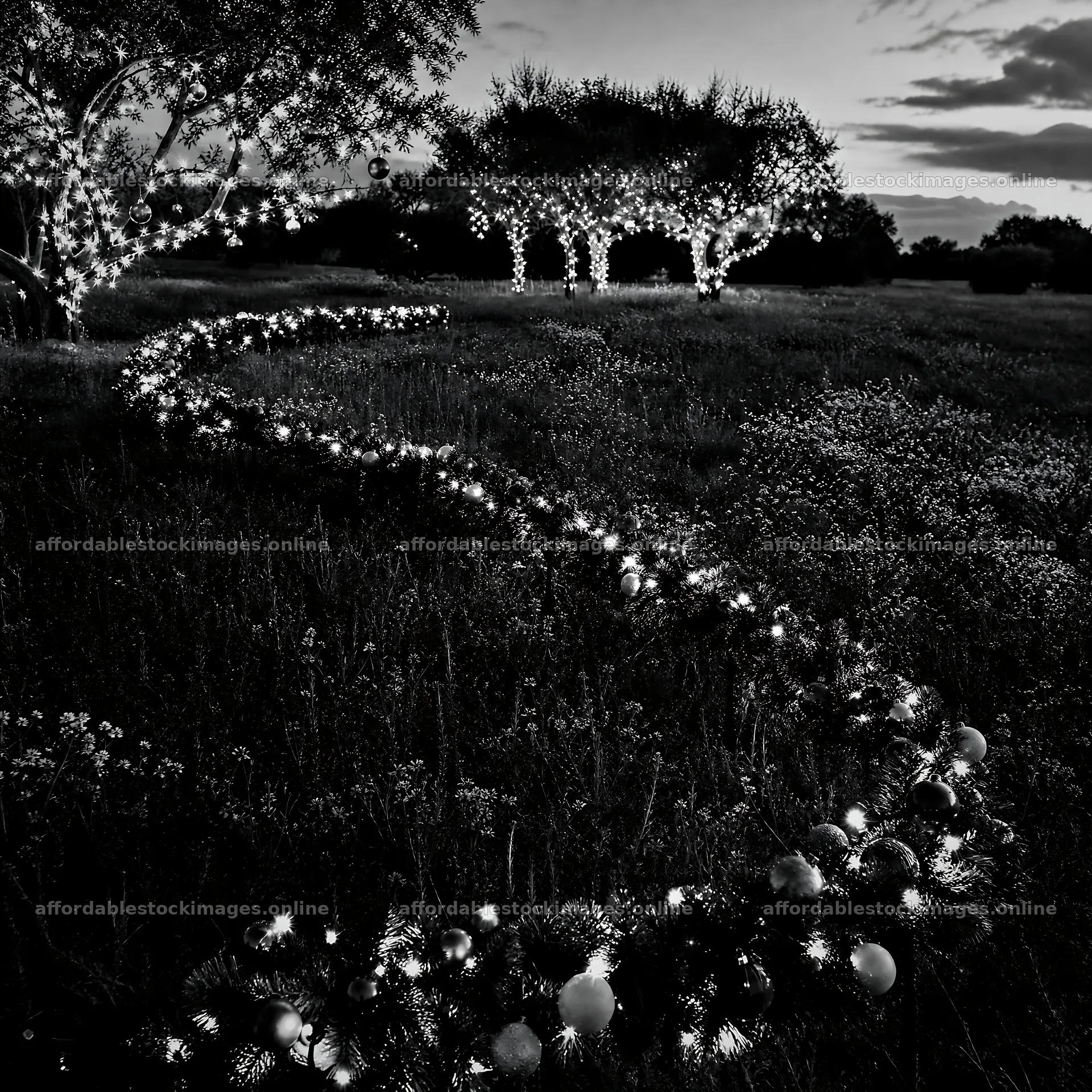 Vibrant Christmas garland curves through grass in field – stock images 7938x7938