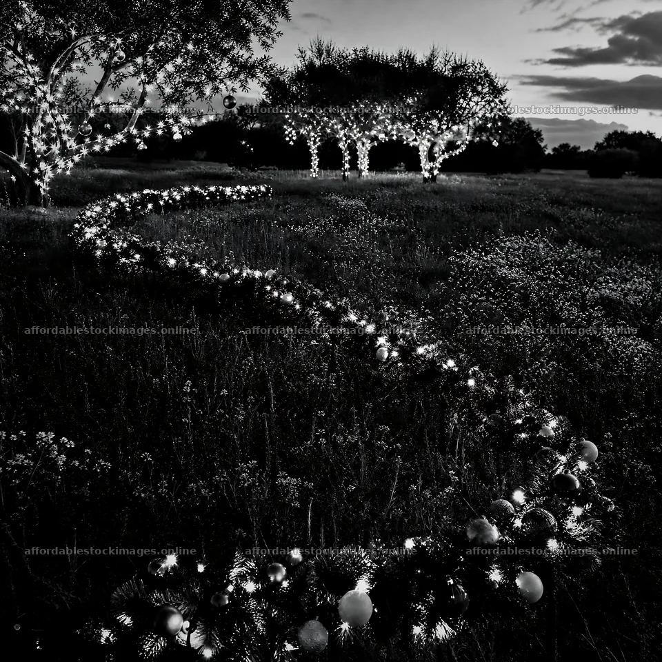Vibrant Christmas garland curves through grass in field – stock images 7938x7938