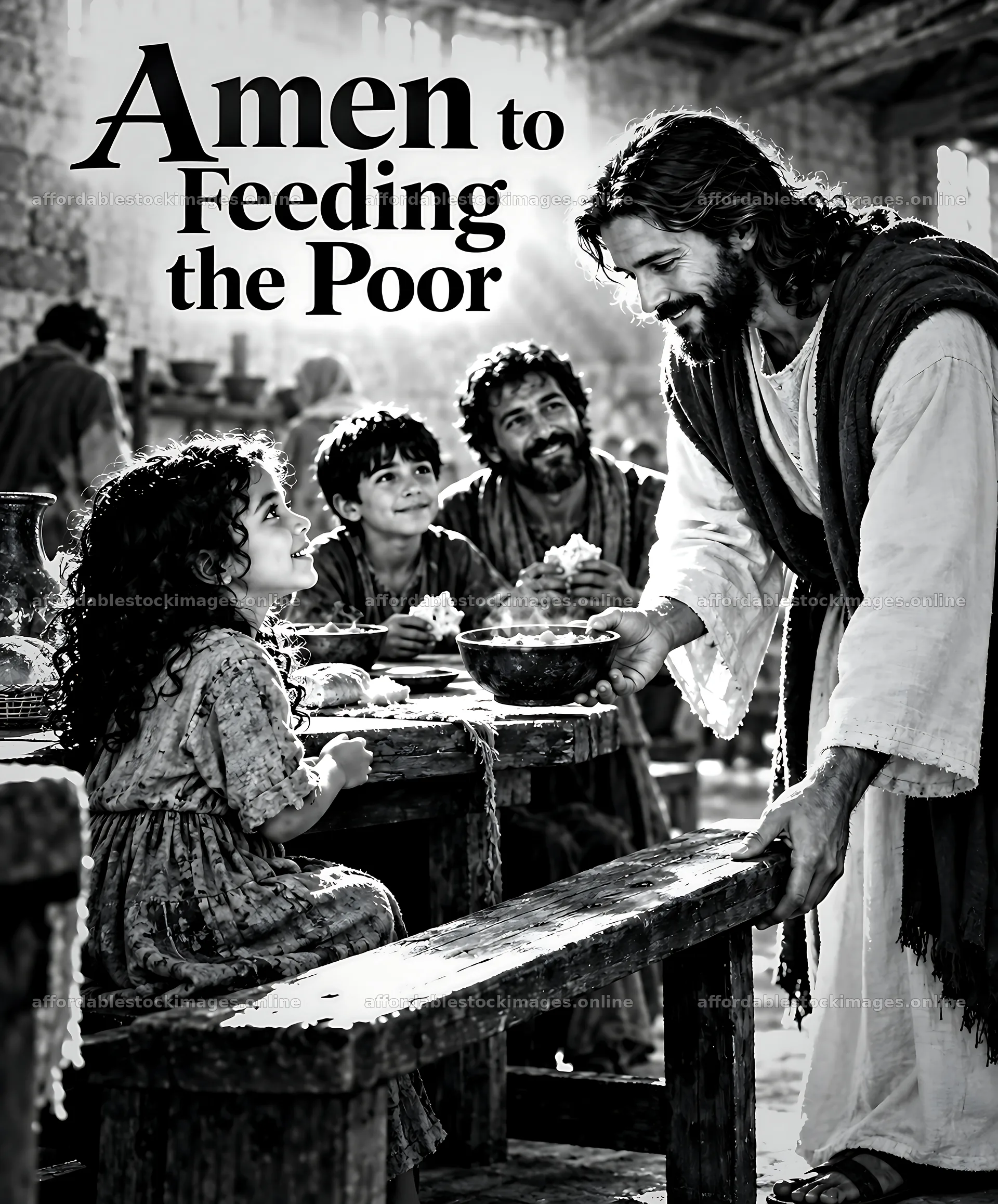 Jesus shares food with children in a shelter setting – stock images 7226x8718