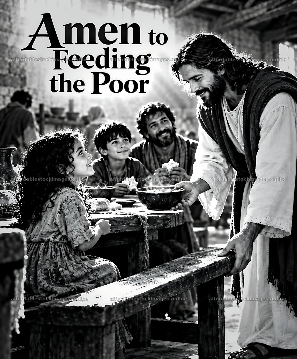 Jesus shares food with children in a shelter setting – stock images 7226x8718