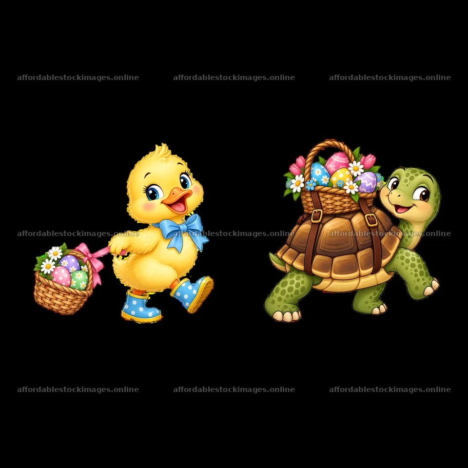 Easter duckling and turtle carrying colorful eggs in baskets – stock images 7746x7746