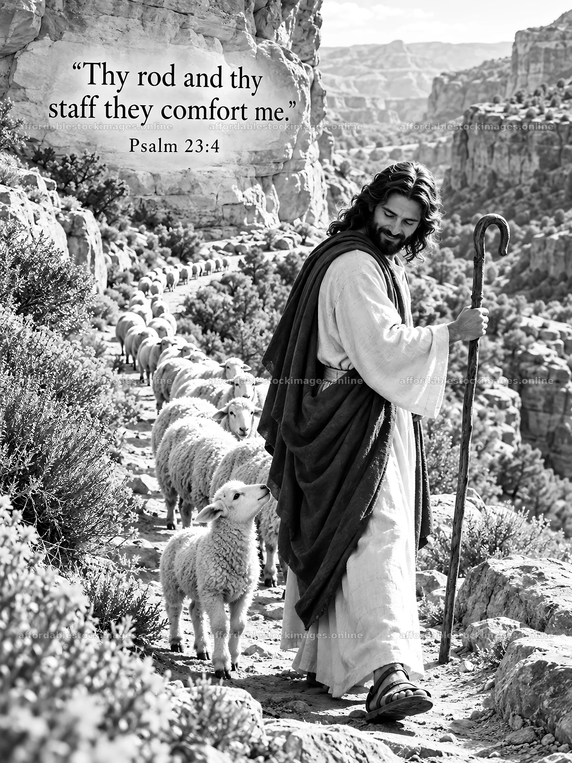 Jesus Christ leading sheep along a rocky path – stock images 6708x8945