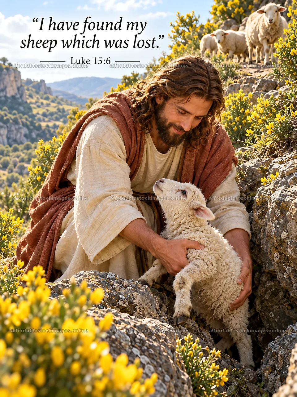 Jesus Christ carries a lost sheep on a hillside – stock images 6708x8945