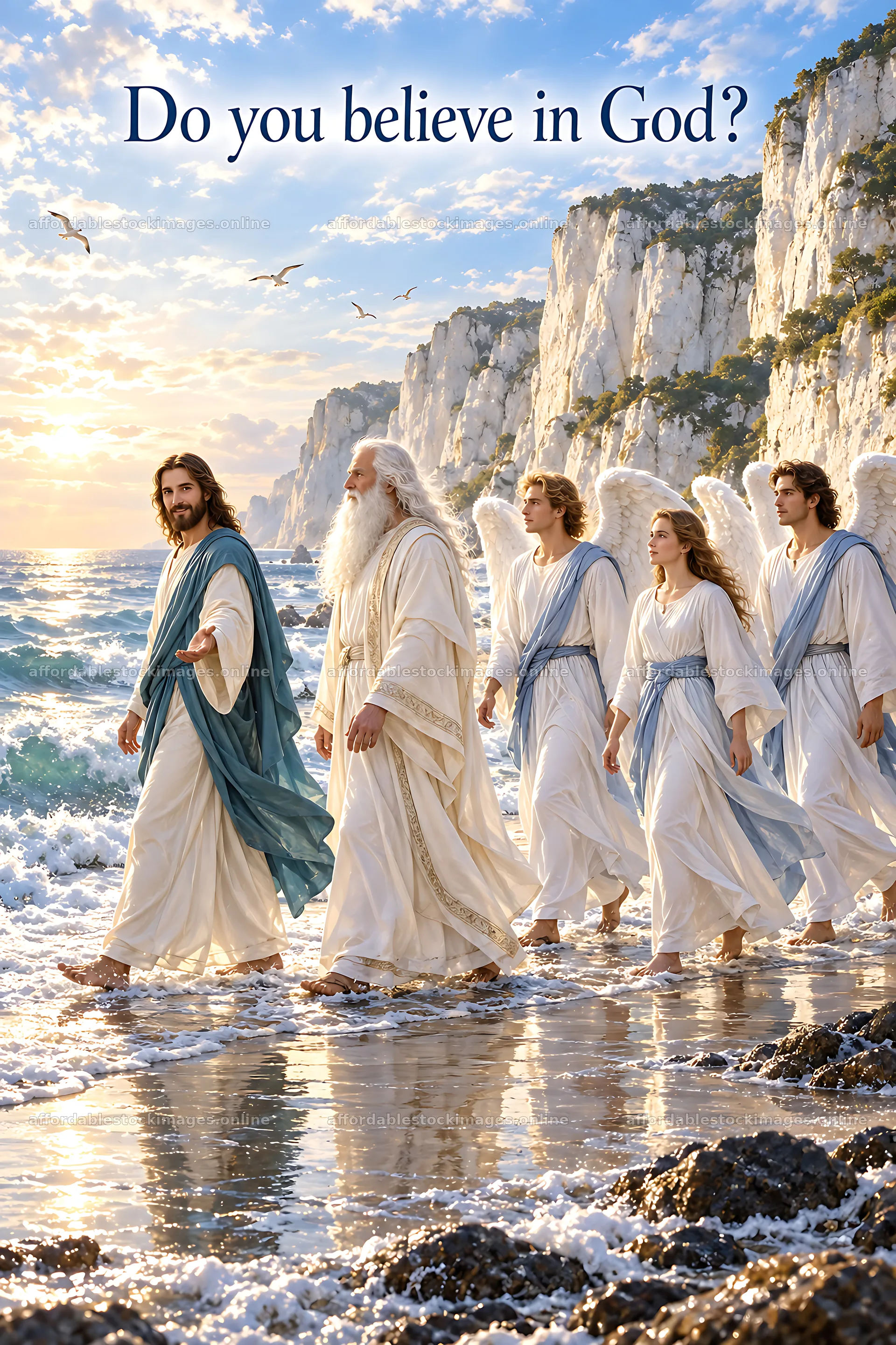 Walking along the shore with figures in flowing robes – stock images 6480x9722