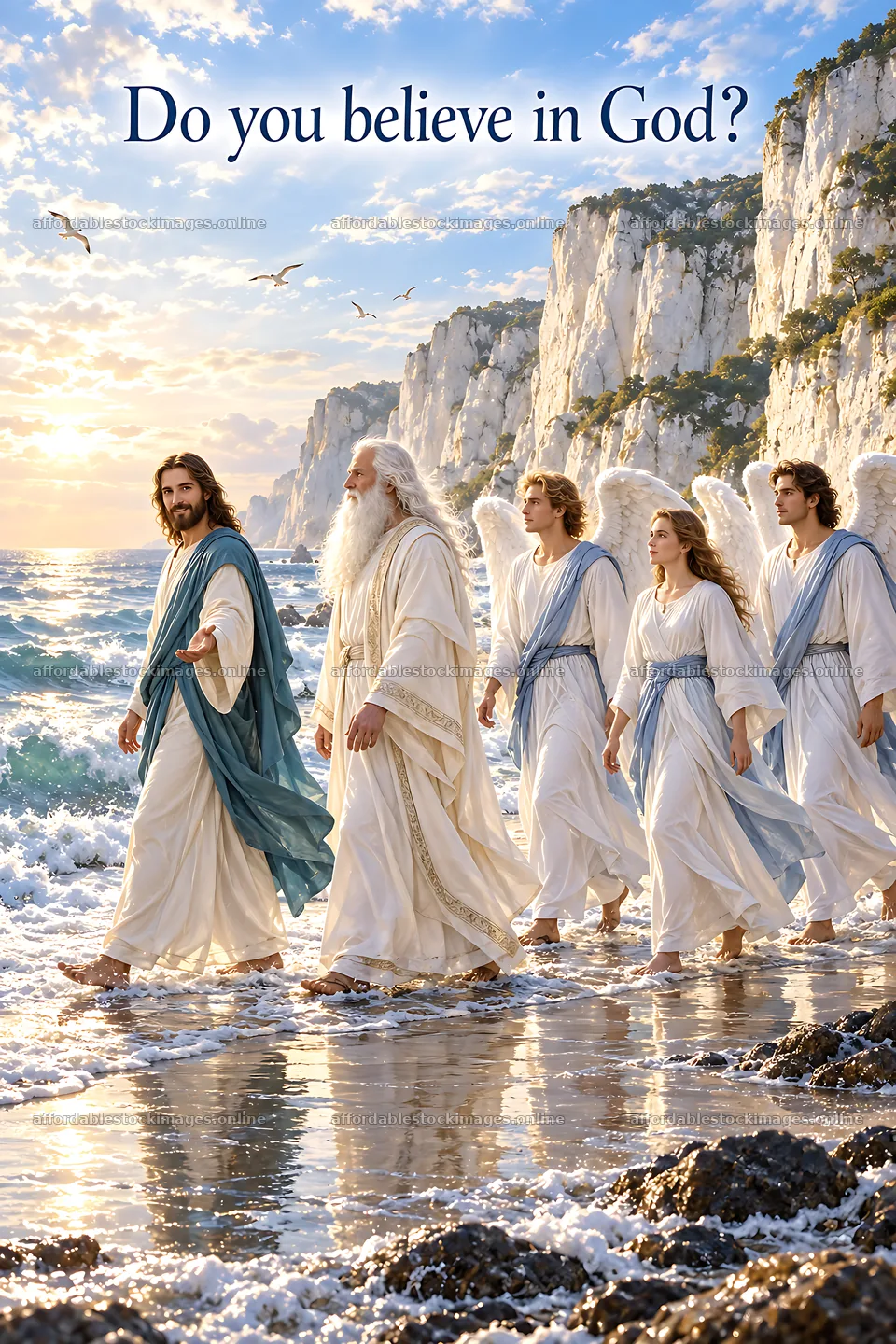 Walking along the shore with figures in flowing robes – stock images 6480x9722