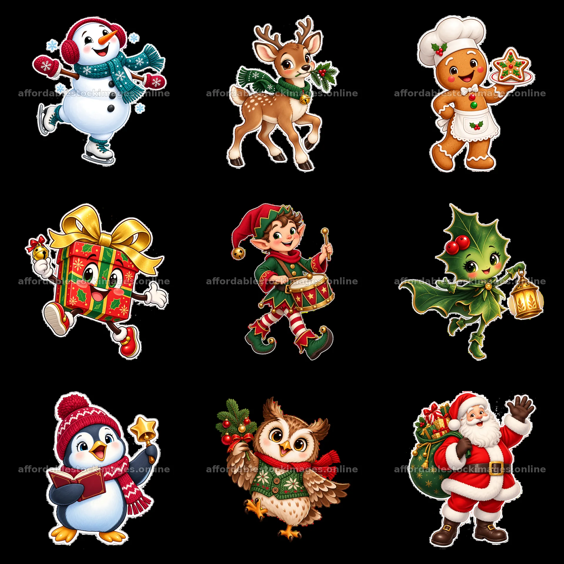 Nine cartoon figure stickers in a square arrangement – stock images 7746x7746