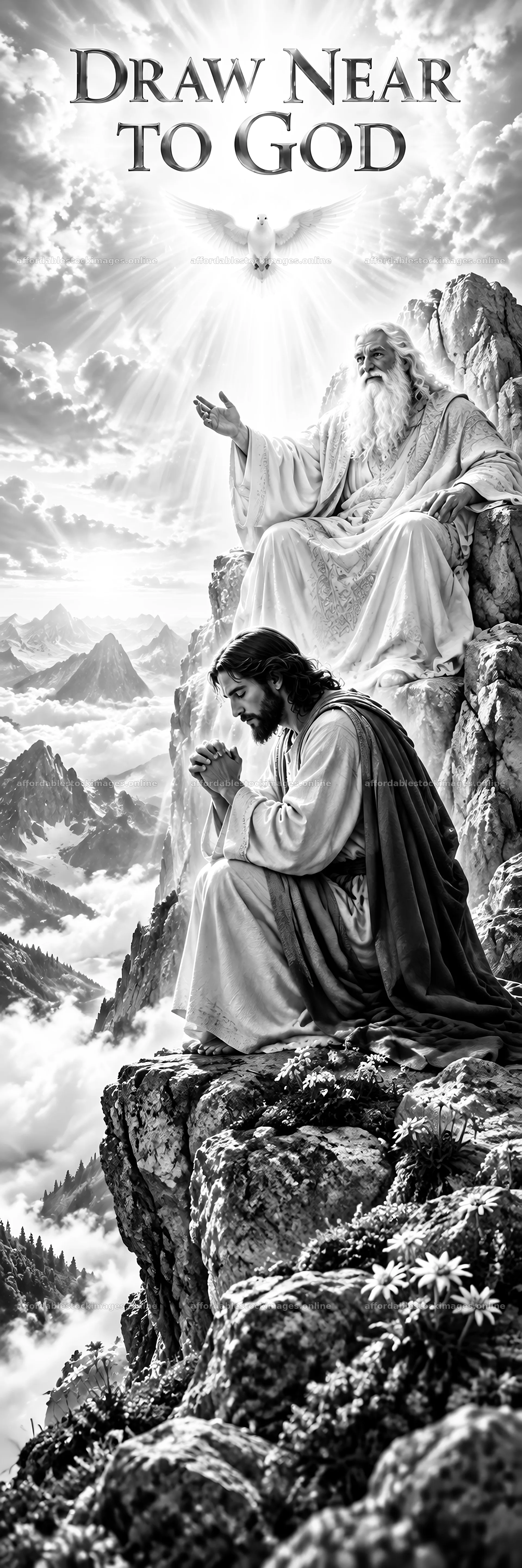 Jesus Christ praying in a mountain landscape near God – stock images 4472x13417