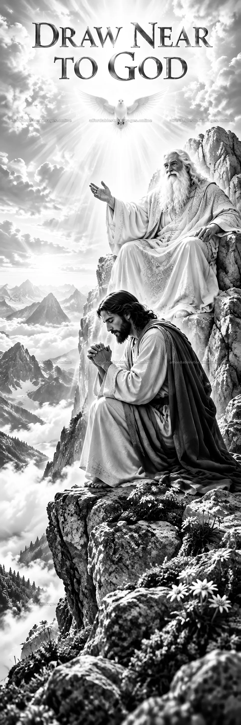 Jesus Christ praying in a mountain landscape near God – stock images 4472x13417
