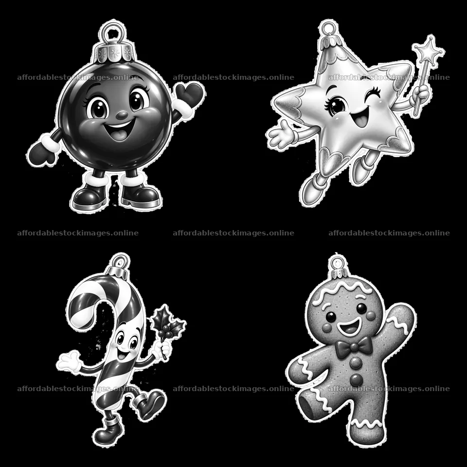 Monochrome four cartoon figure stickers in a square arrangement – stock images 7746x7746