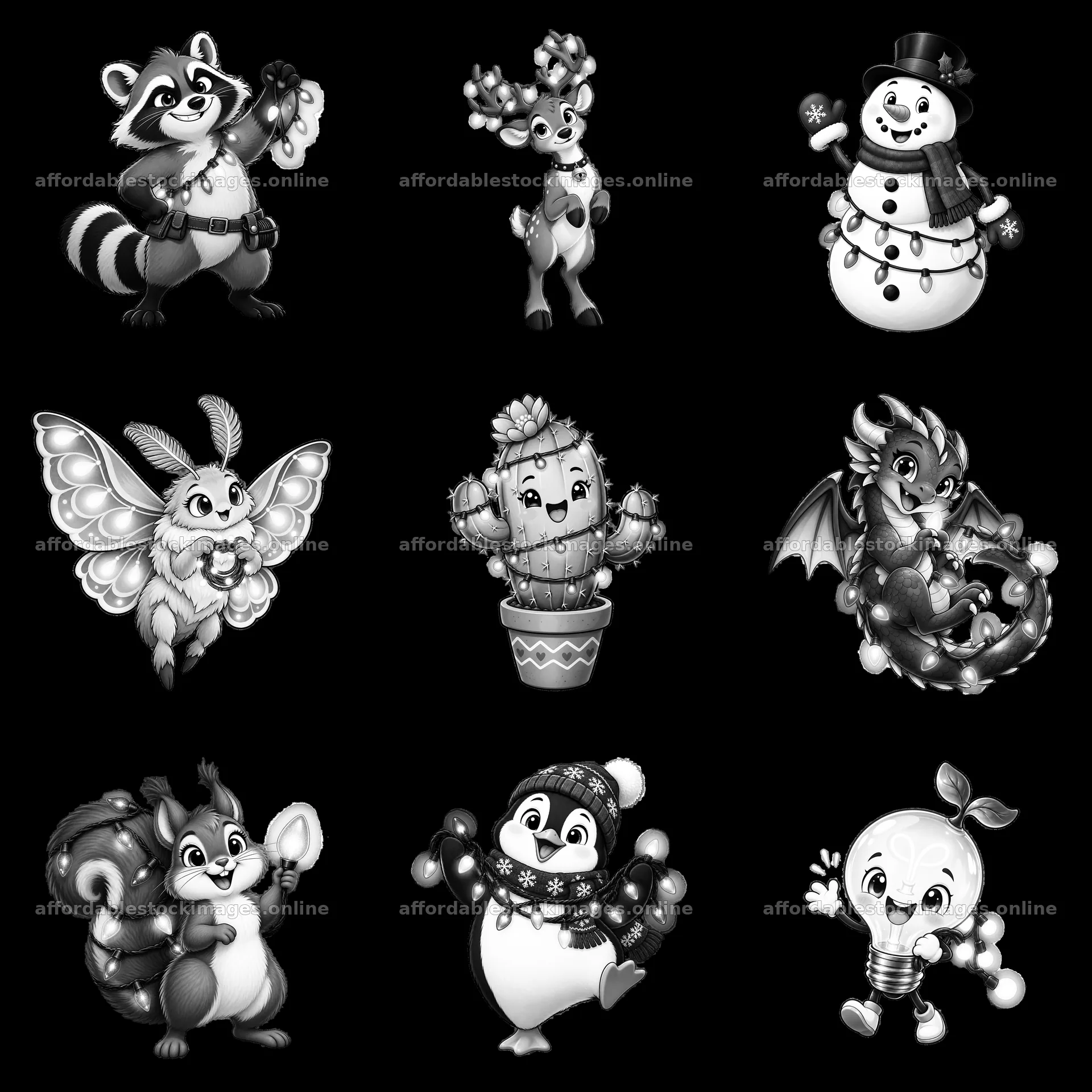 Cartoon animal characters holding string lights in a grid layout – stock images 7746x7746
