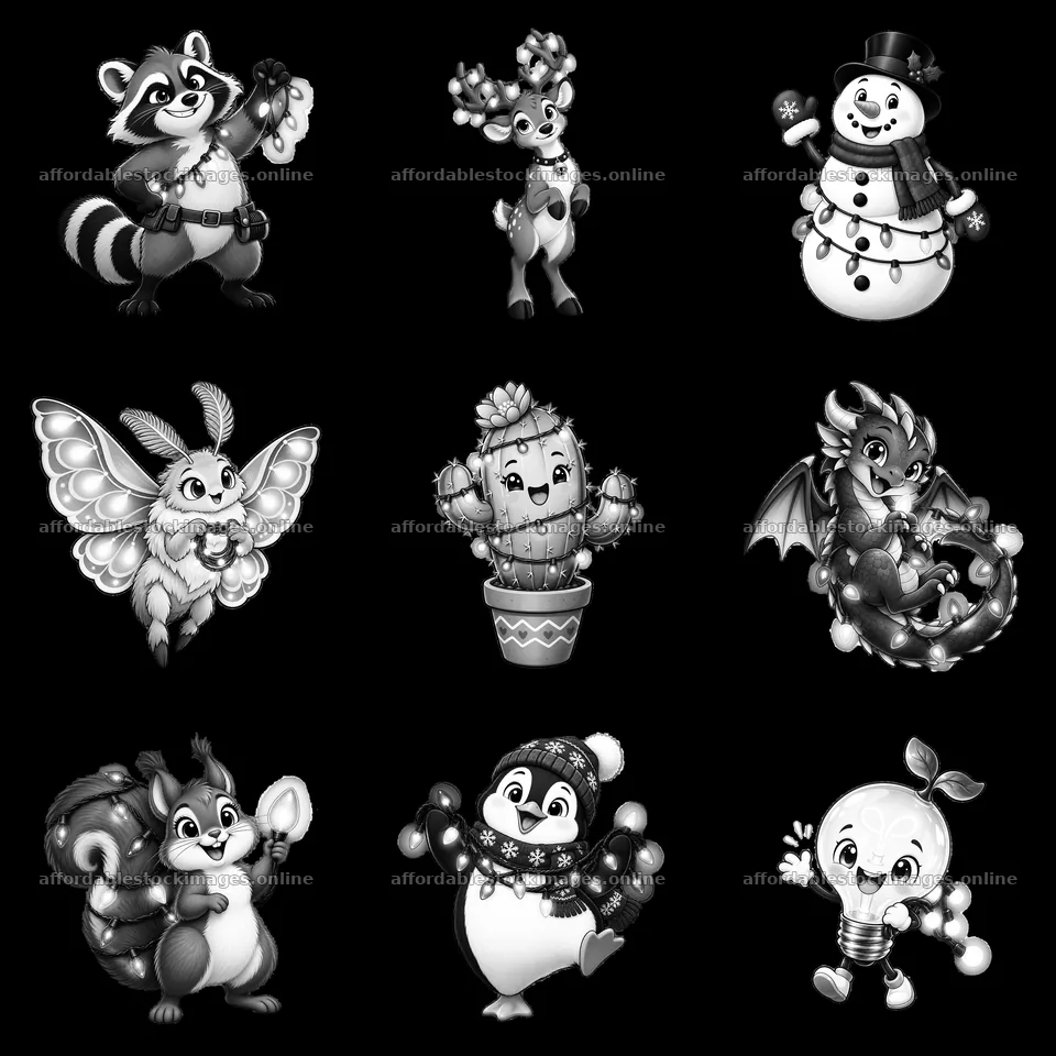 Cartoon animal characters holding string lights in a grid layout – stock images 7746x7746
