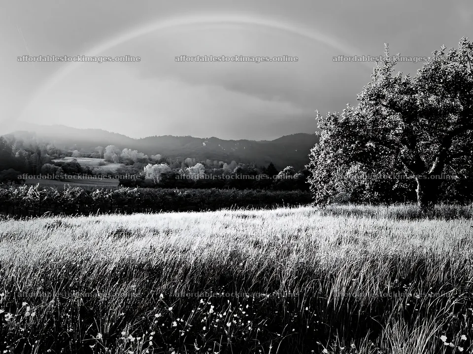 Valley apple meadow with rainbow and green landscape – stock images 9174x6866