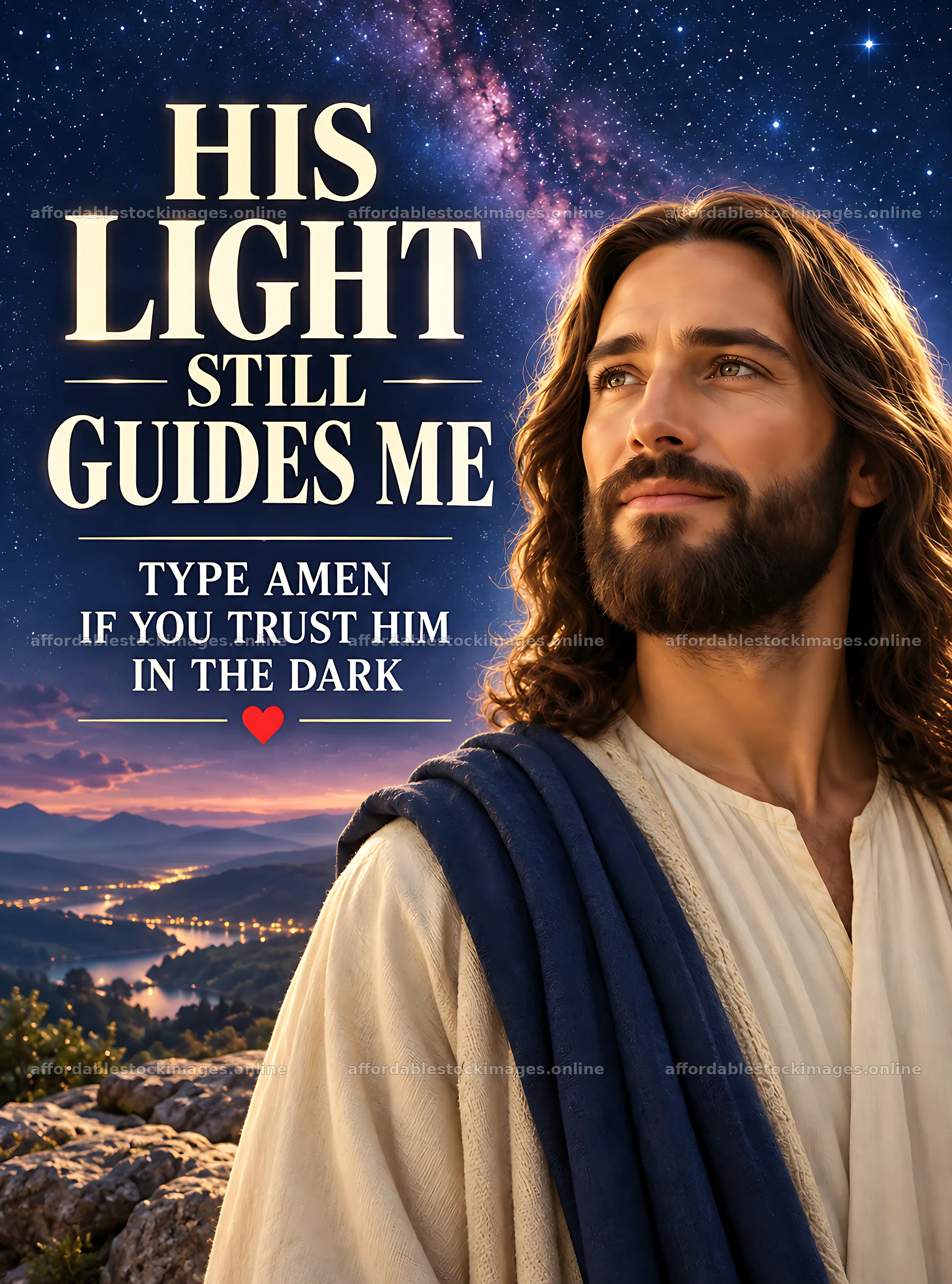 Faith beneath the stars with inspirational figure – stock images 6834x9220