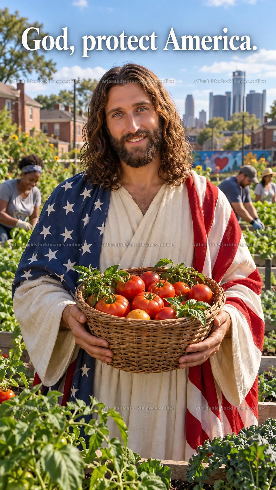 Jesus Christ holding tomatoes in a community garden – stock images 5811x10326