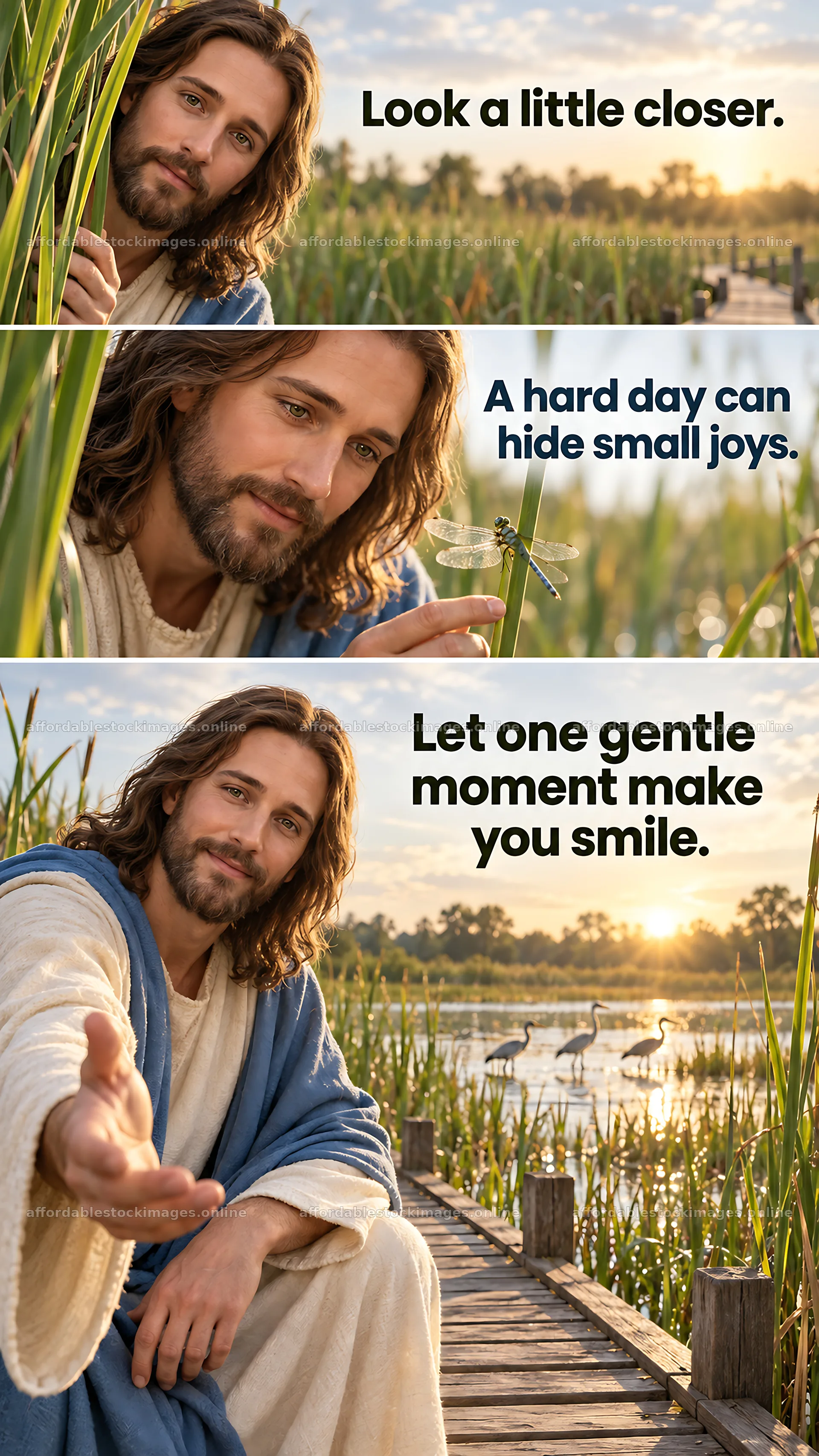Jesus Christ inviting viewers to find joy in gentle moments – stock images 5811x10326