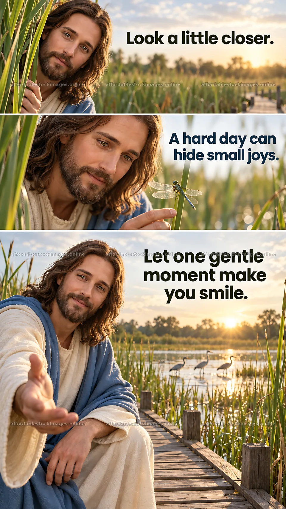 Jesus Christ inviting viewers to find joy in gentle moments – stock images 5811x10326