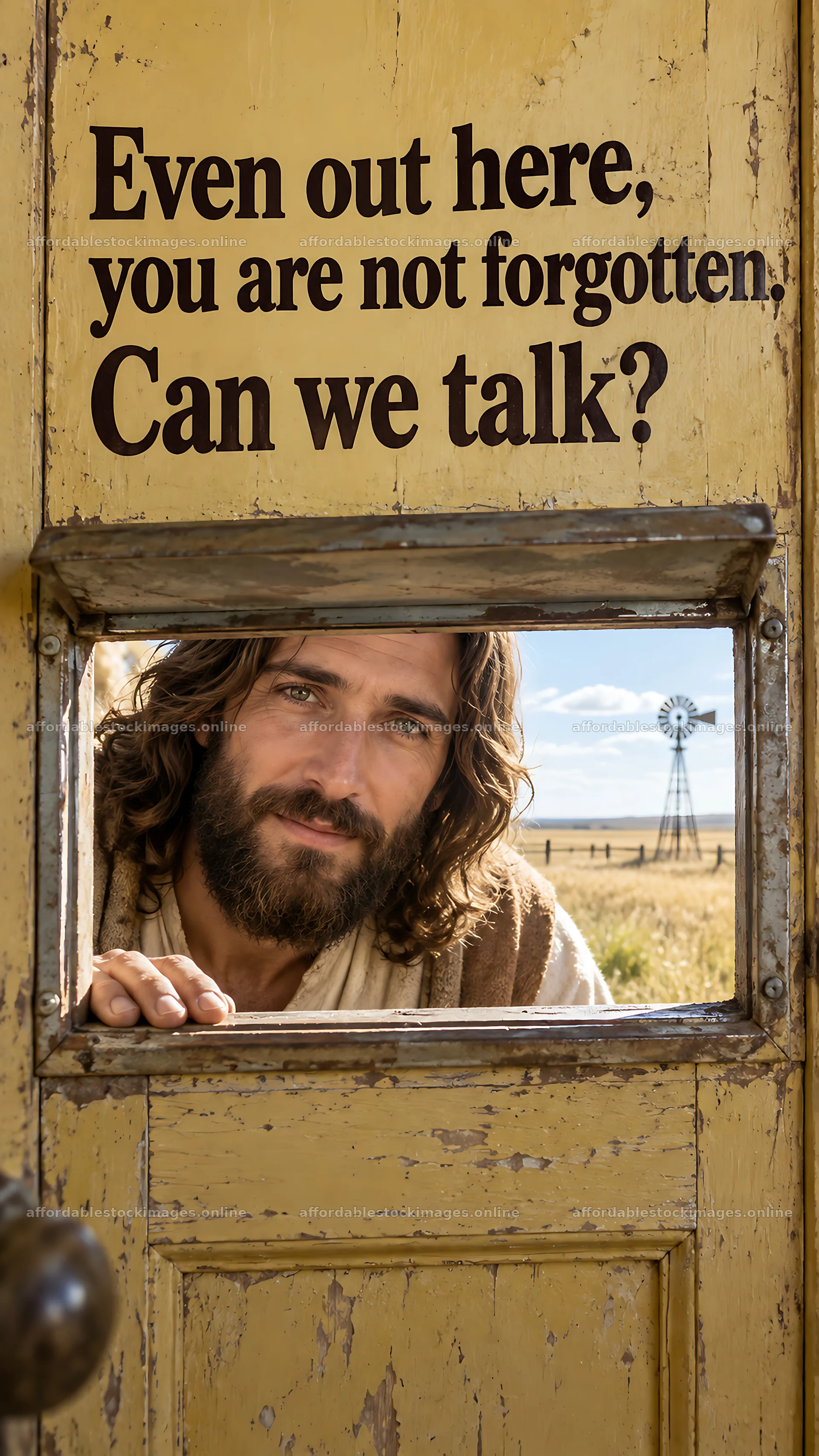 Jesus Christ invites for a conversation through an open door – stock images 5811x10326