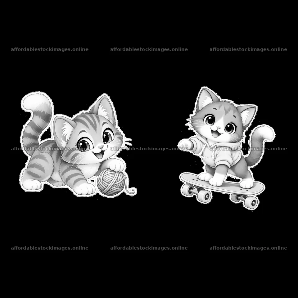 Kawaii cats playing with yarn and skateboarding in black and – stock images 7746x7746