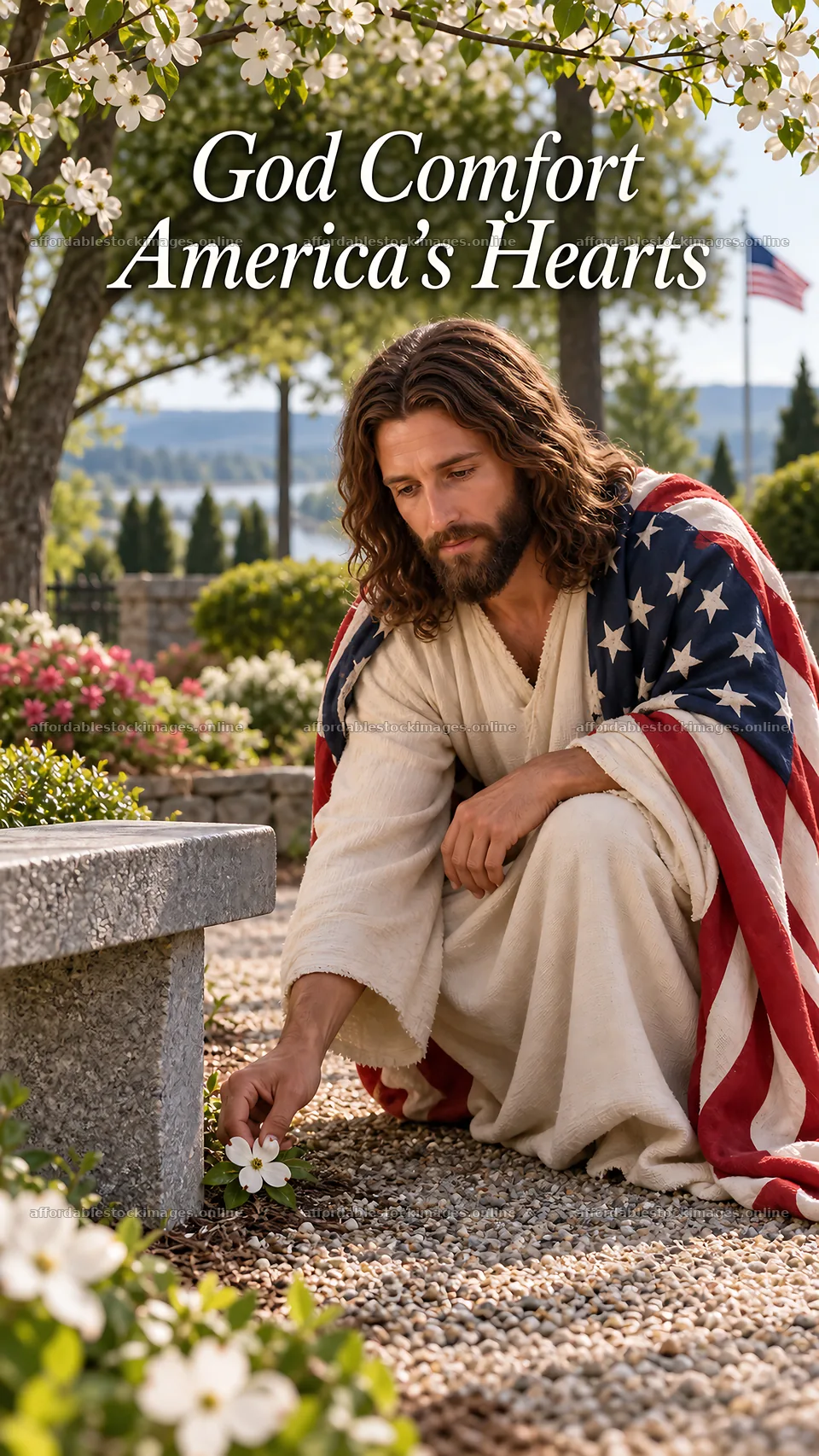 Jesus Christ comforting hearts in a garden setting – stock images 5811x10326
