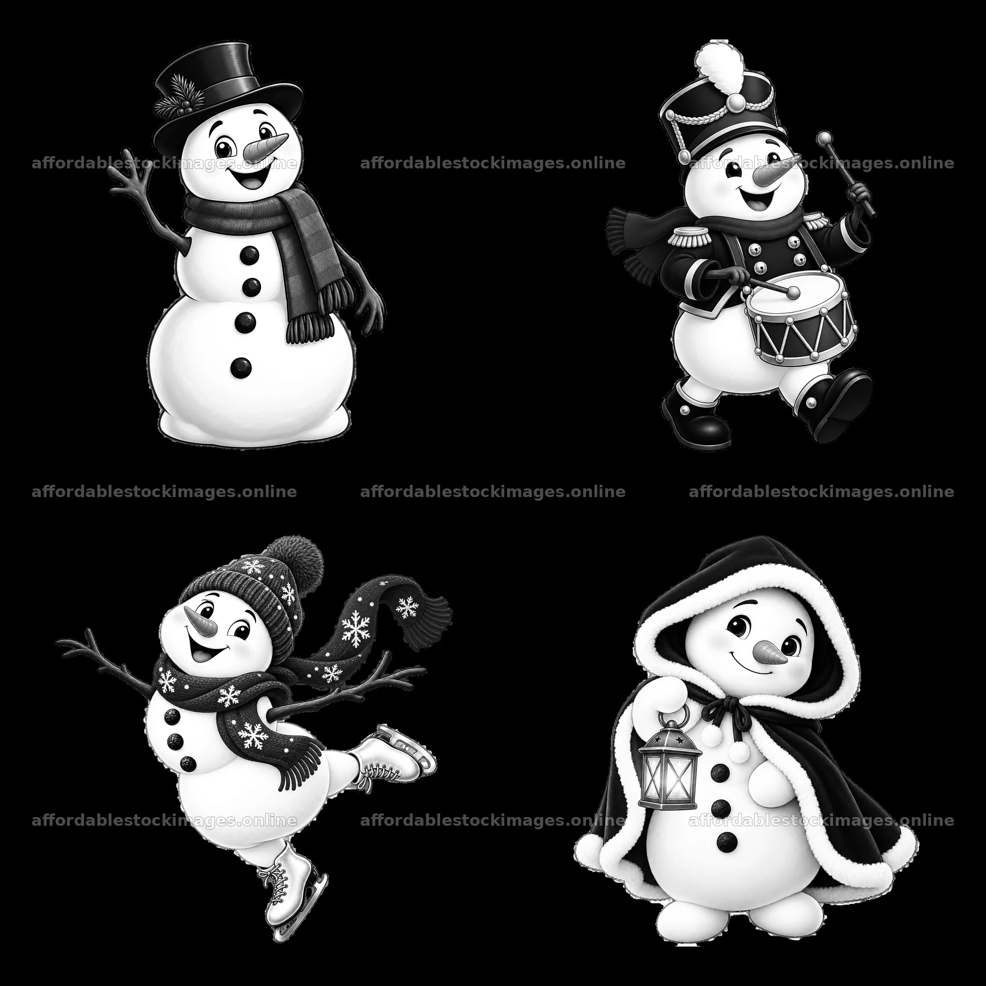 Four Christmas snowmen characters in a 2x2 arrangement – stock images 7746x7746