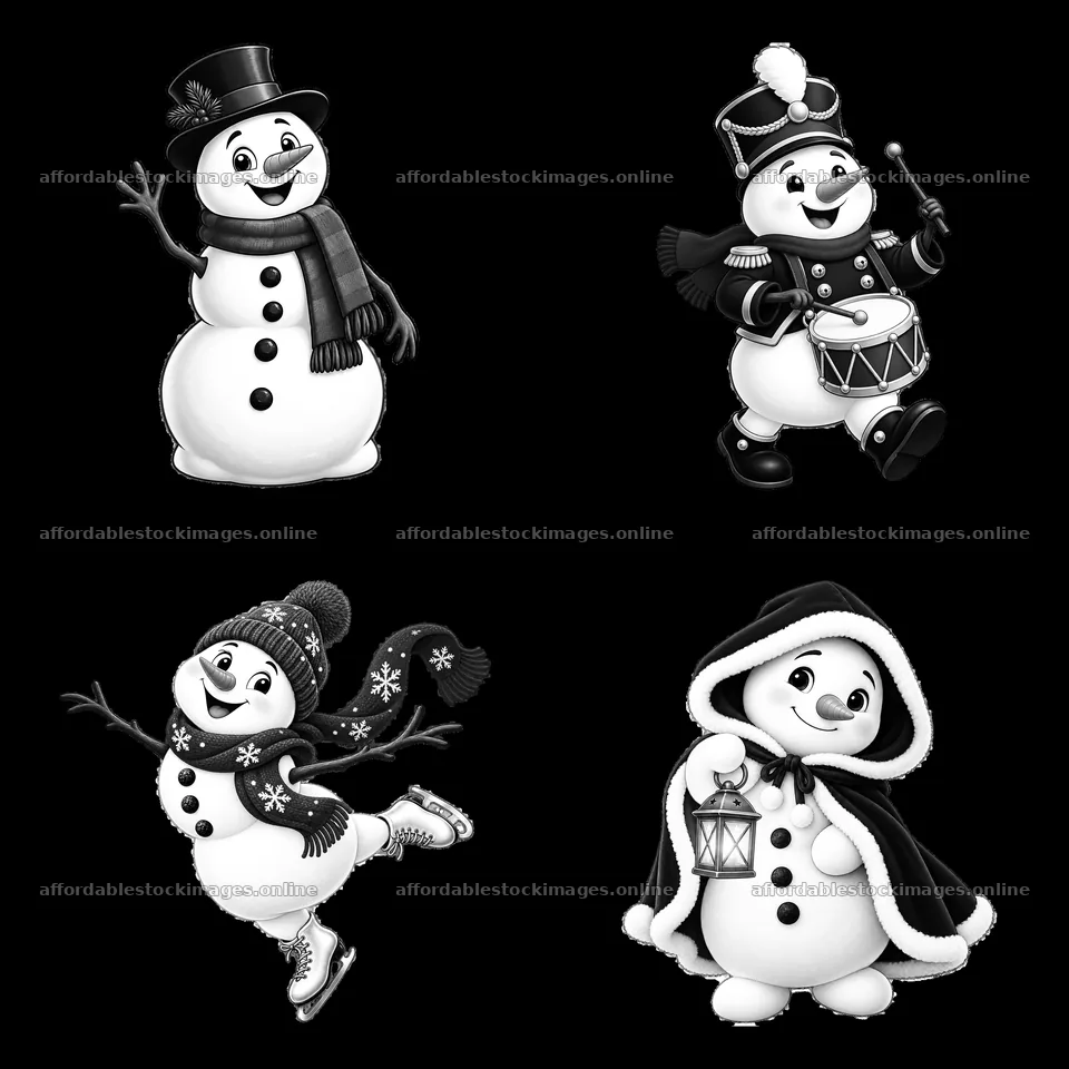 Four Christmas snowmen characters in a 2x2 arrangement – stock images 7746x7746