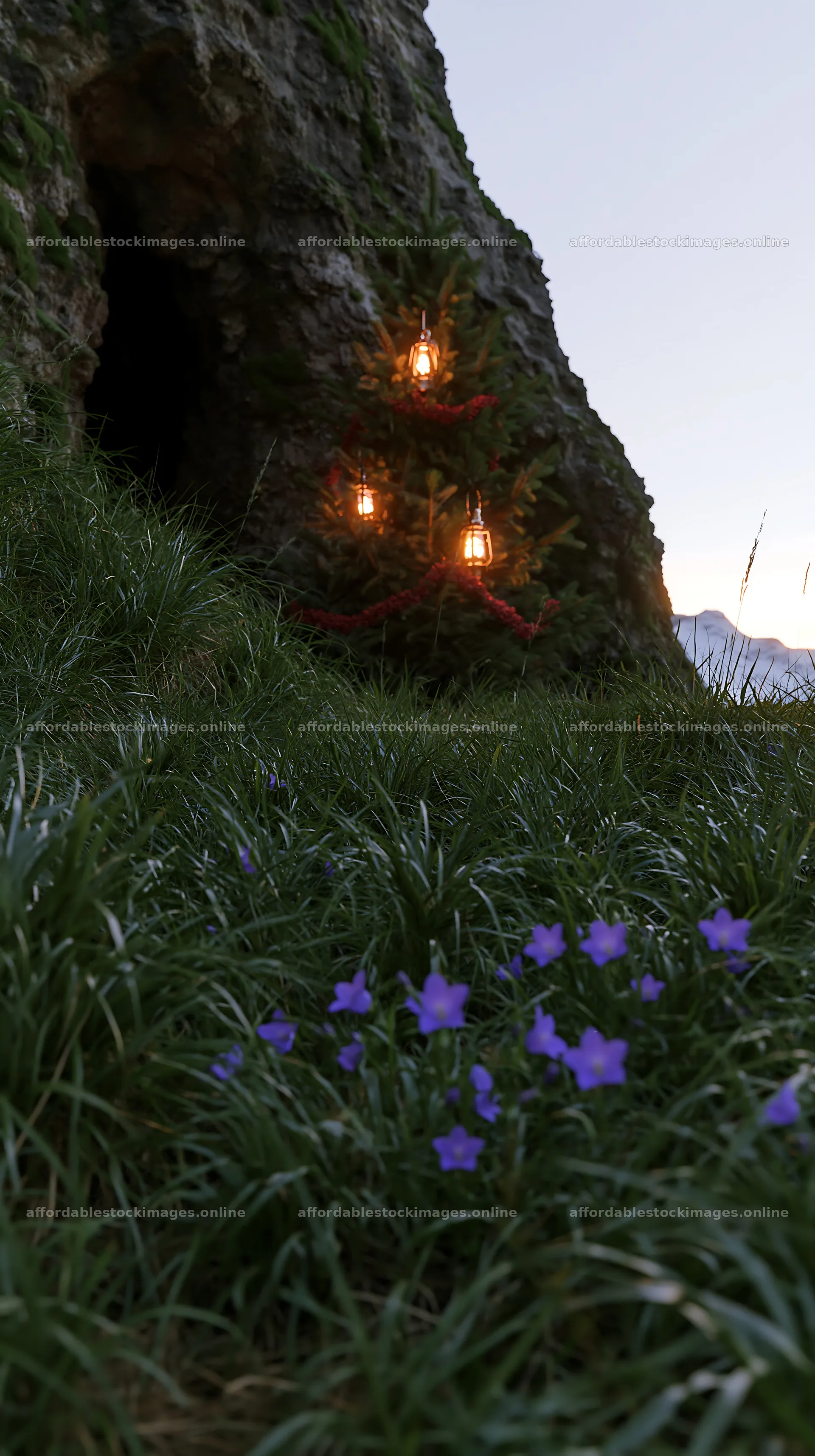 Christmas tree with lanterns in meadow by cave at dusk – stock images 5938x10608
