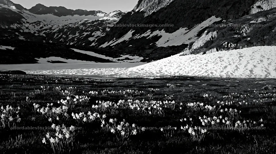 Frozen tarn meadow with snow-capped mountains in the background – stock images 10608x5938