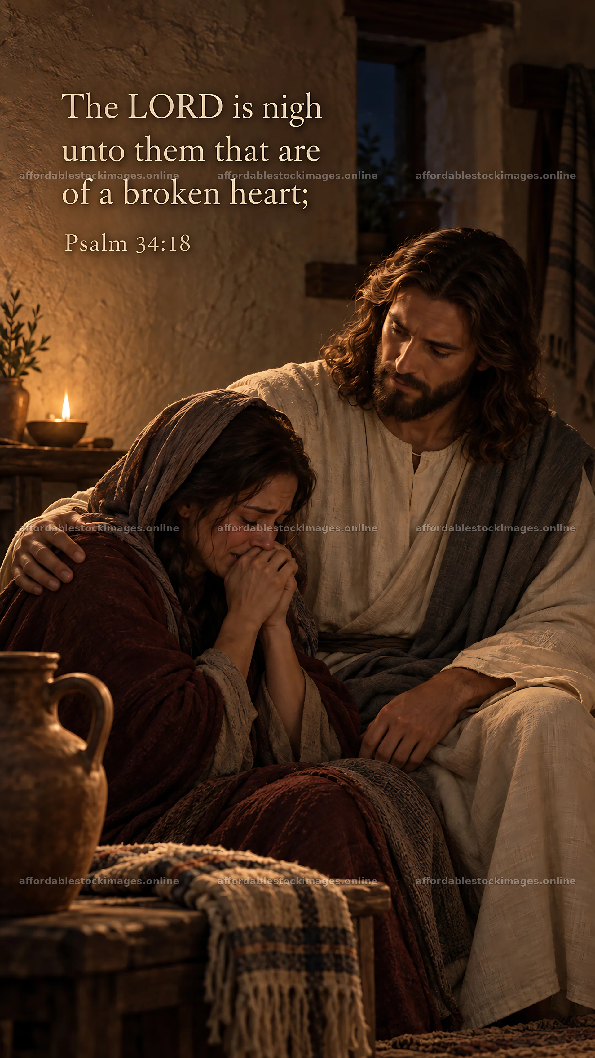 Jesus Christ comforts a woman with a broken heart – stock images 5811x10326