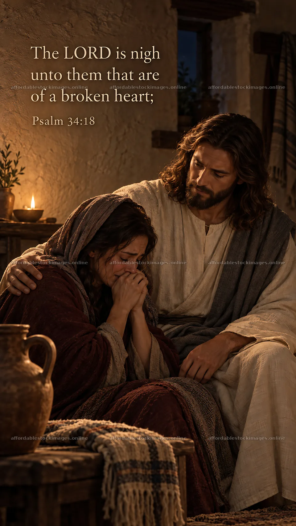 Jesus Christ comforts a woman with a broken heart – stock images 5811x10326