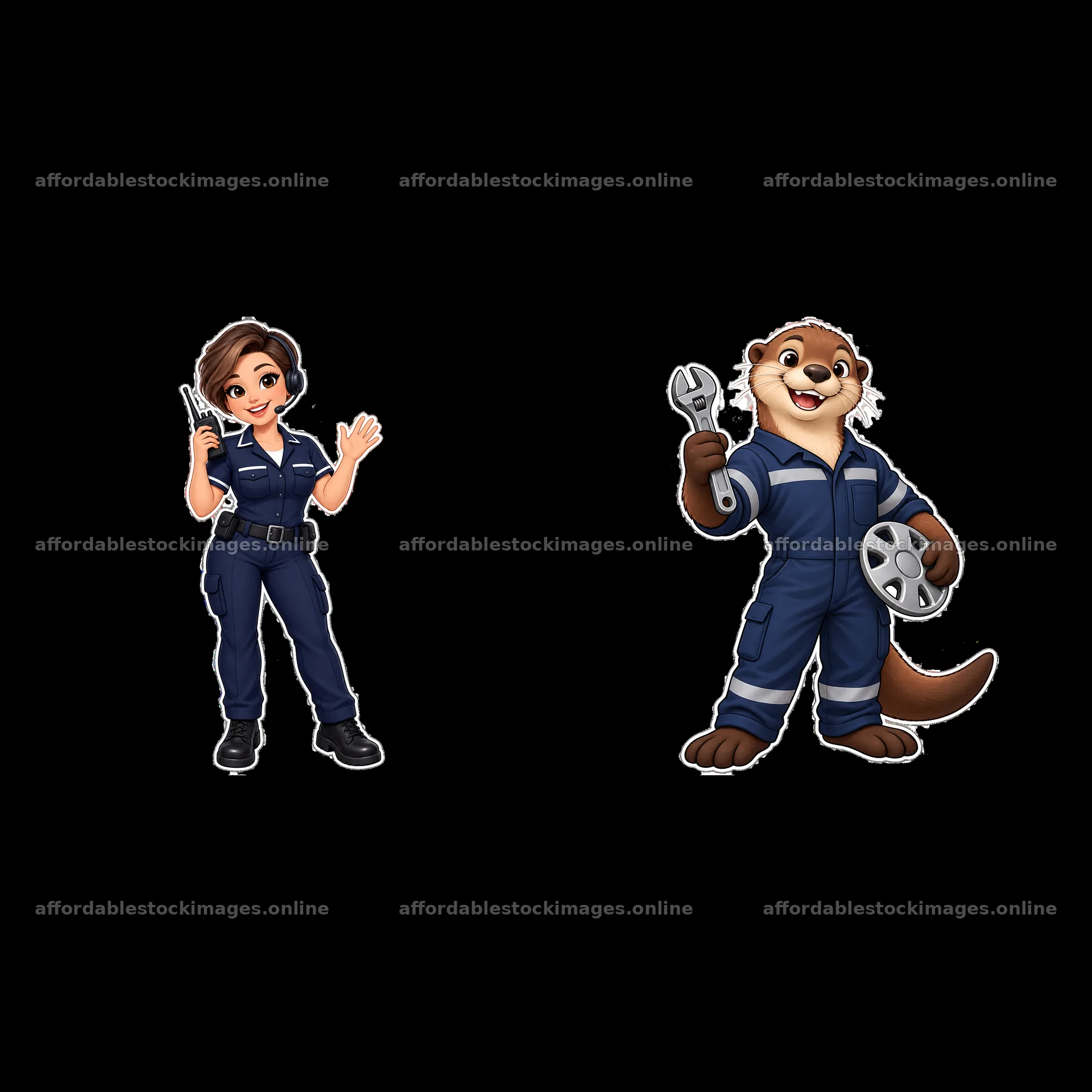 Police officer and mechanic otter cartoon sticker pair – stock images 7746x7746