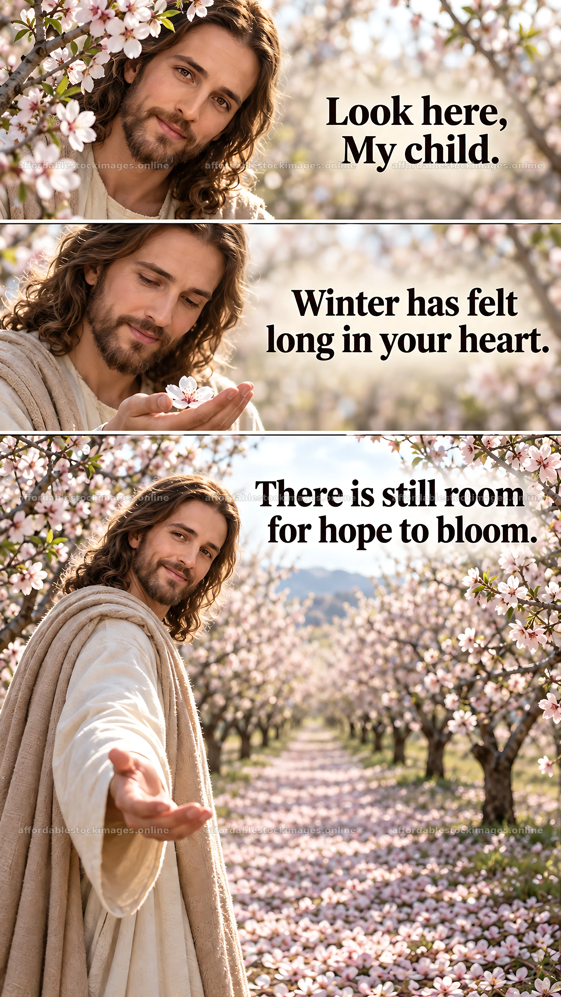 Jesus Christ offering hope in a blooming garden – stock images 5811x10326