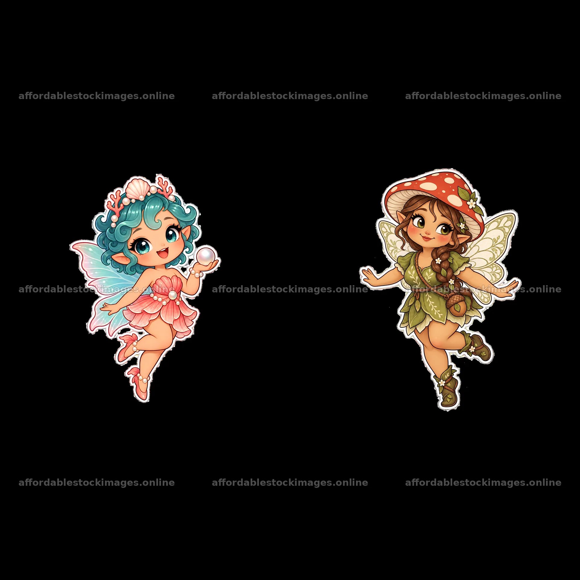 Kawaii chubby fairies with colorful accessories in playful poses – stock images 7746x7746