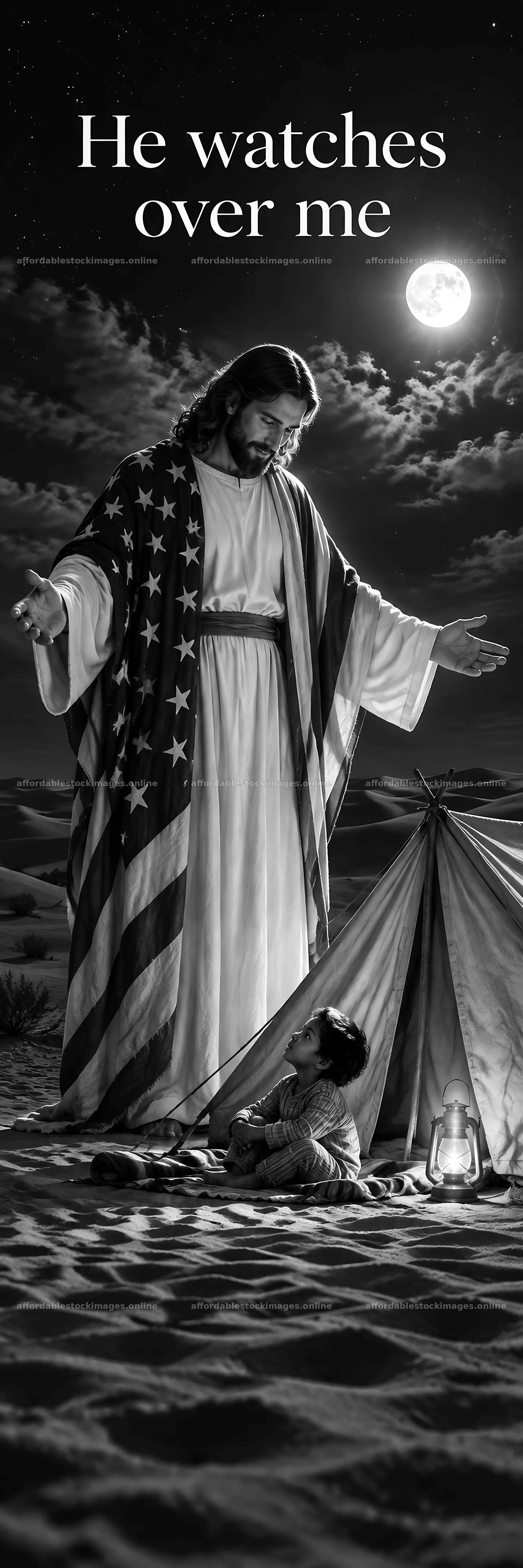 Jesus Christ watches over a child in a tent at night – stock images 4472x13417