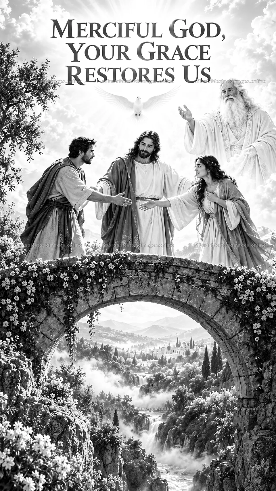 Jesus Christ welcoming and restoring individuals on a bridge – stock images 5811x10326