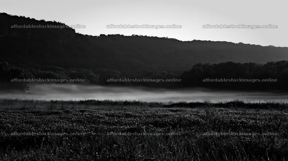 Clover meadow with dew during early morning fog – stock images 10608x5938