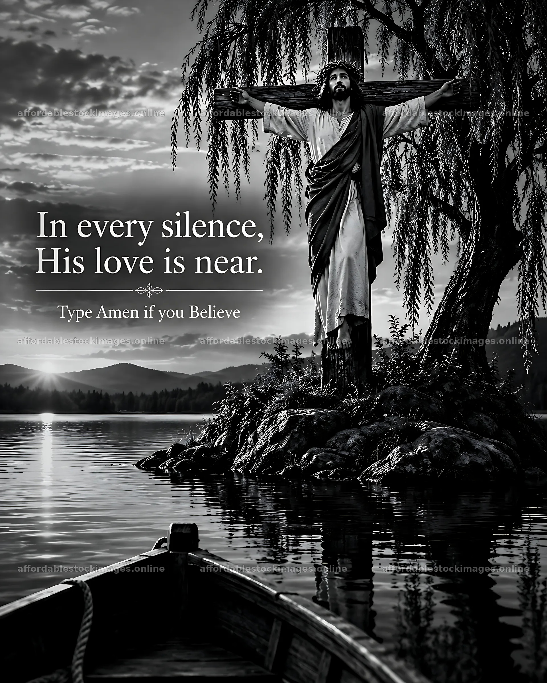 Faith on the Island with a cross by the water at sunset – stock images 7100x8872
