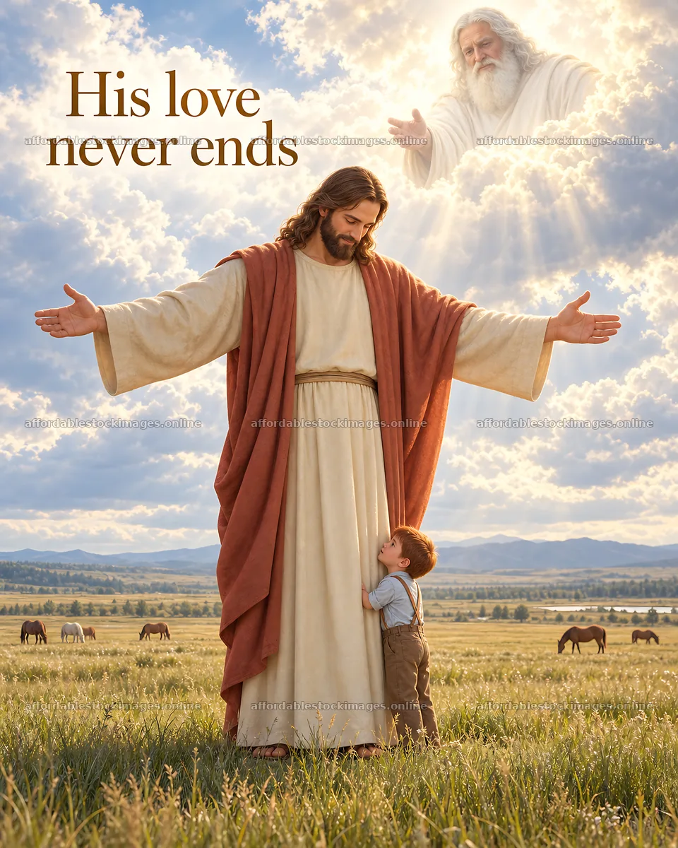 Jesus Christ welcomes a child in a bright landscape – stock images 6930x8659
