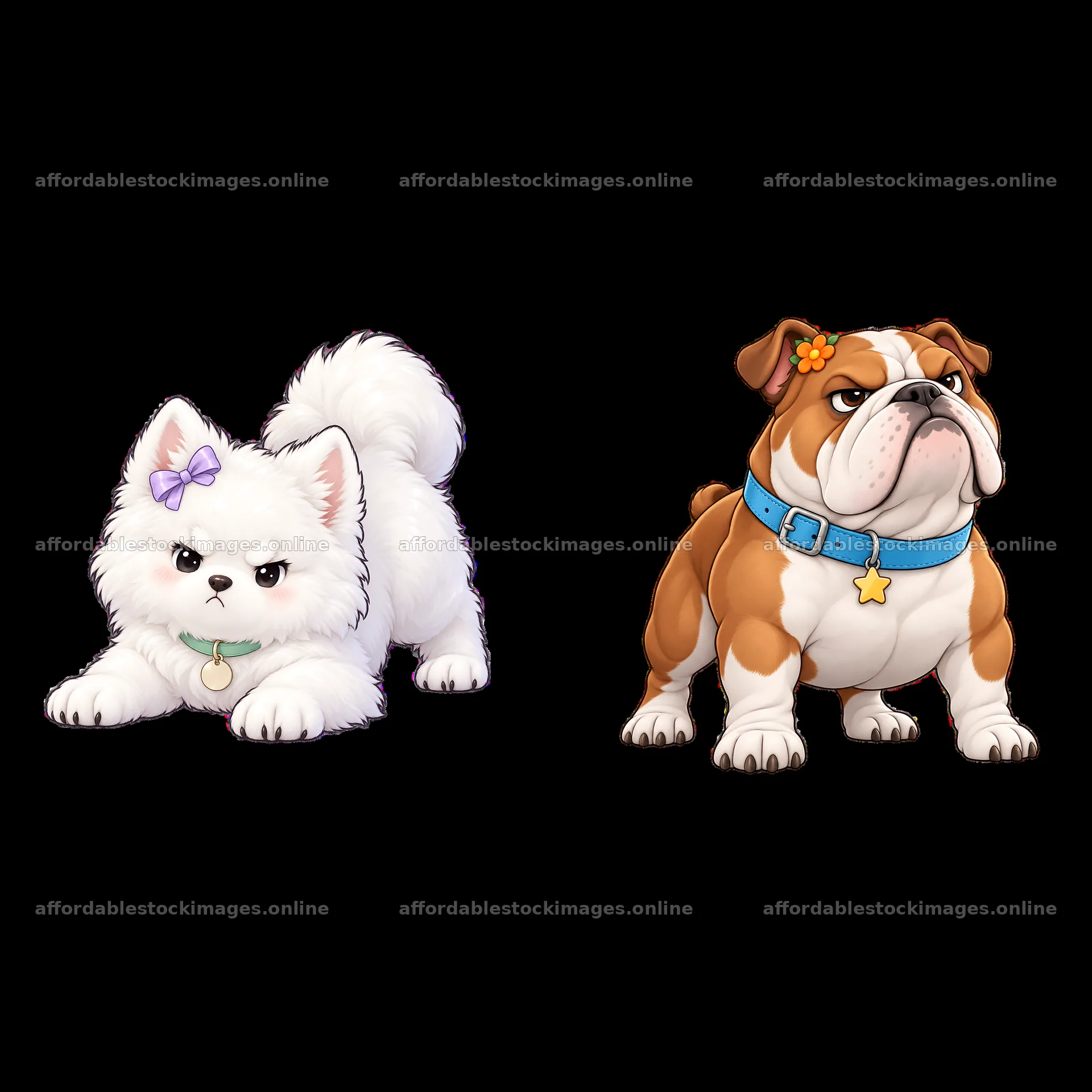 Kawaii grumpy dog stickers featuring a white pomeranian and – stock images 7746x7746