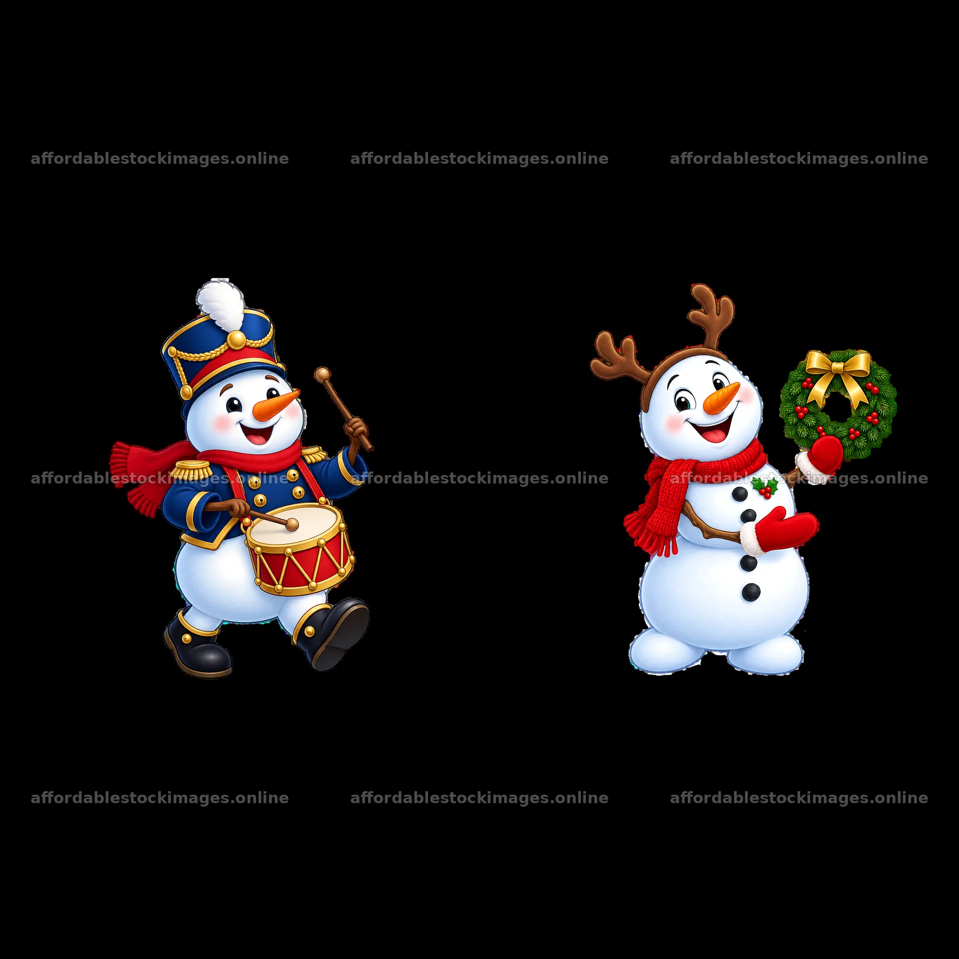 Two cheerful snowmen with festive accessories for Christmas – stock images 7746x7746