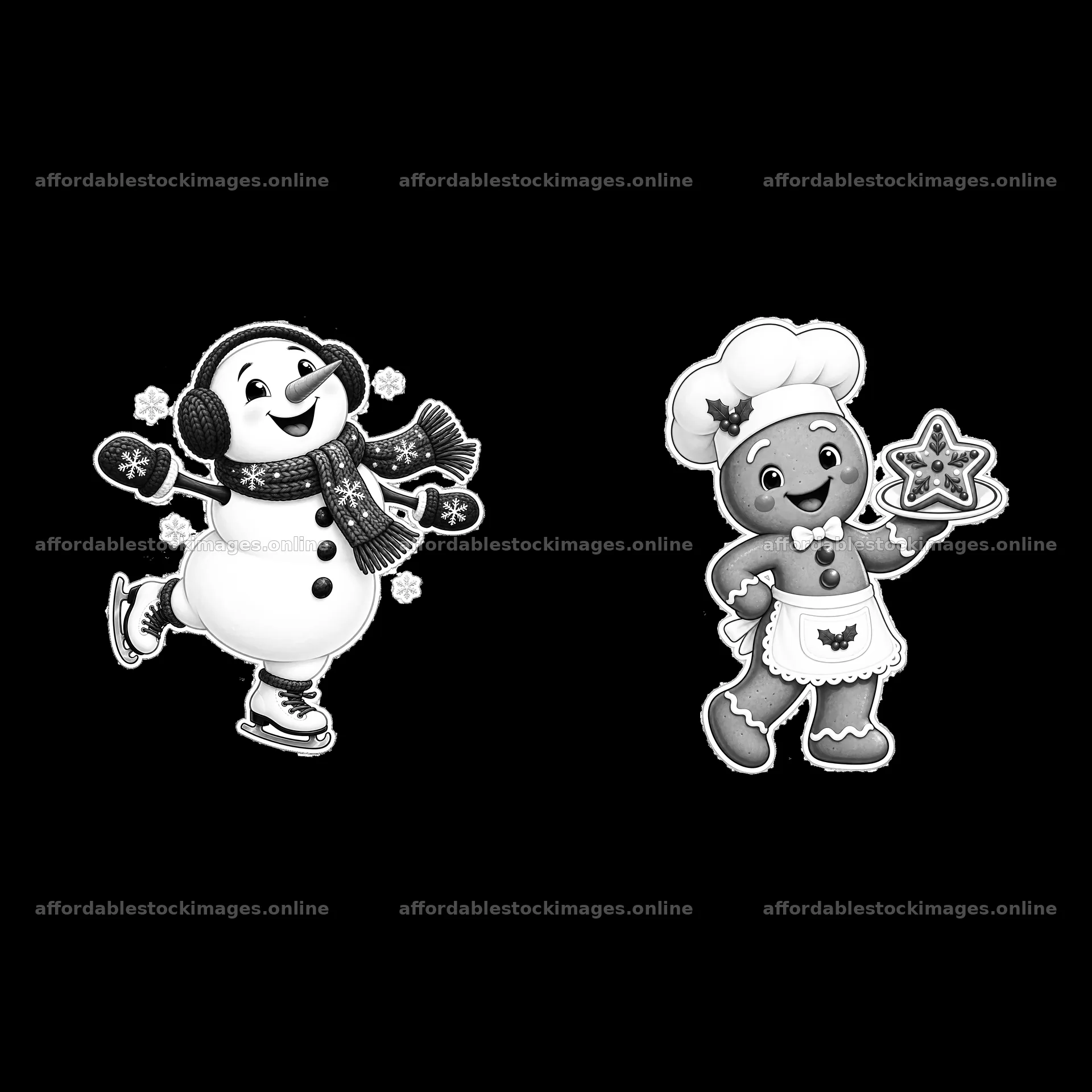 Monochrome two isolated cartoon figure stickers – stock images 7746x7746