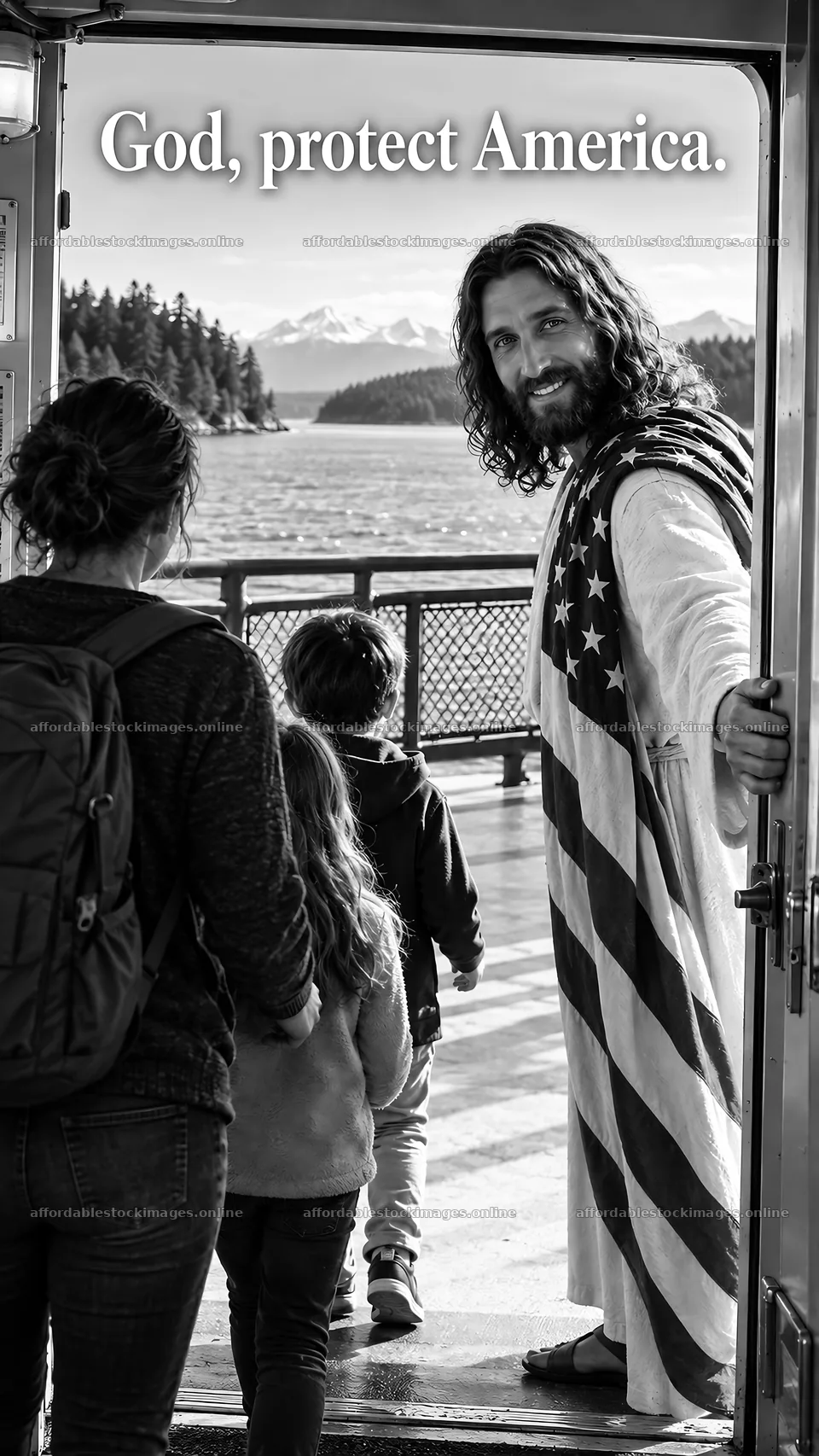 Jesus Christ welcomes families with a prayer for America – stock images 5811x10326