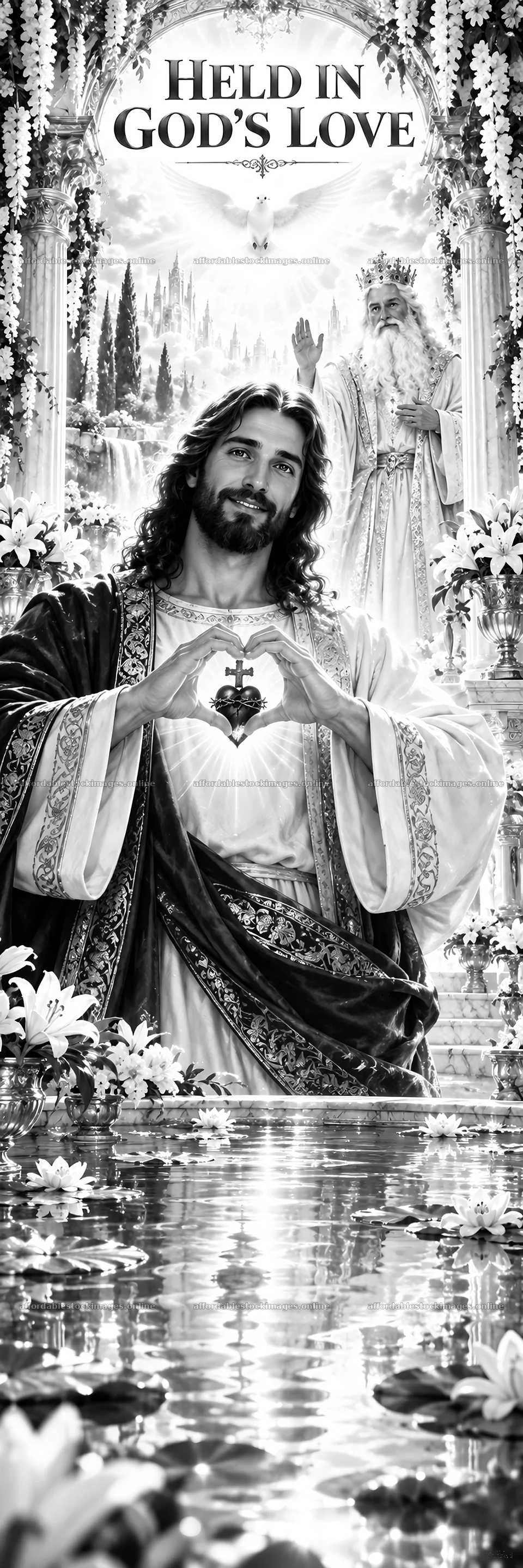 Jesus Christ holding a heart in God's love – stock images 4472x13417