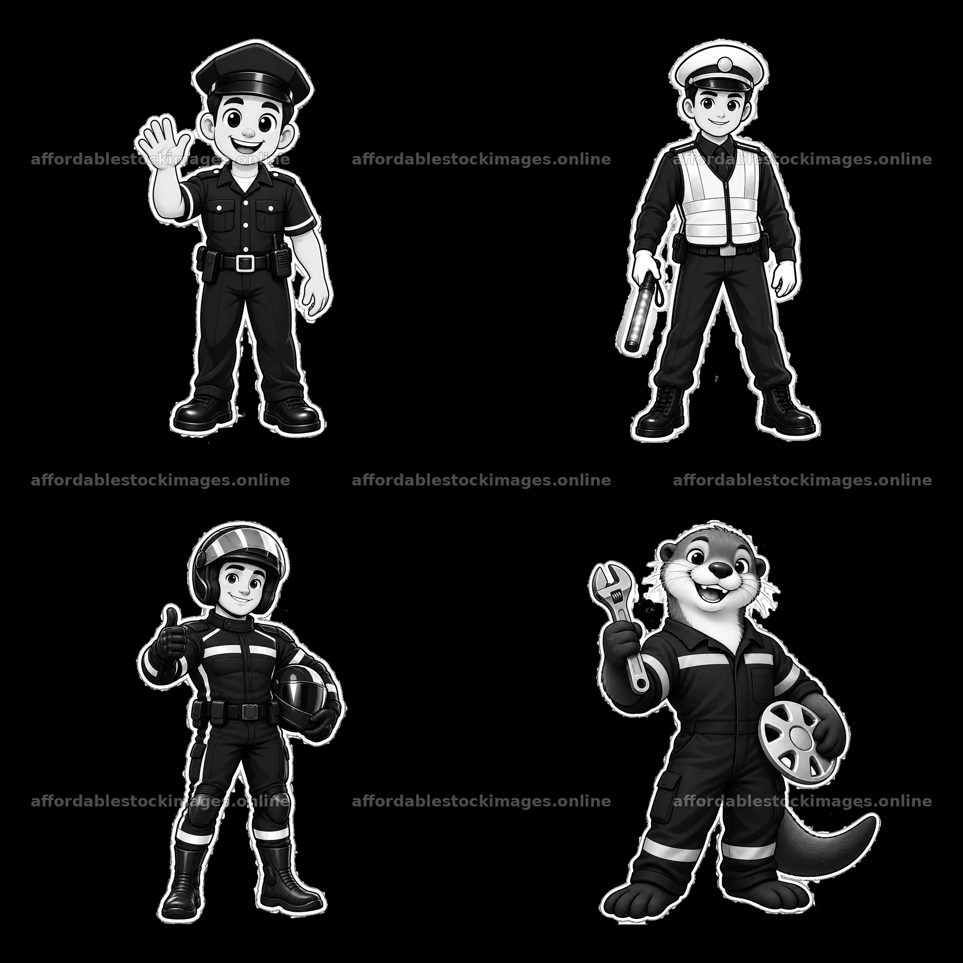 Four cartoon police and traffic characters in monochrome design – stock images 7746x7746