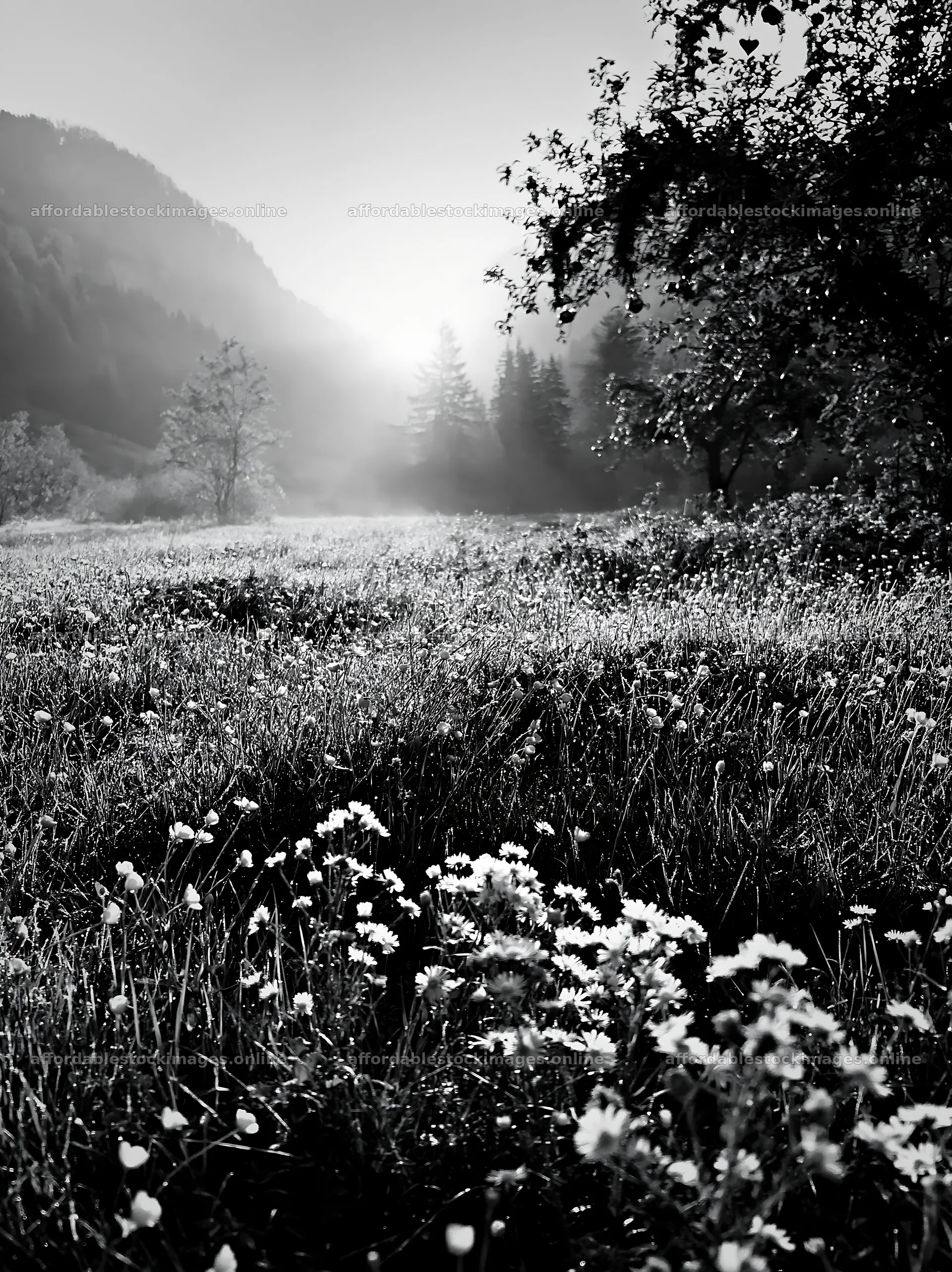 Apple tree meadow in Dolomites with flowers and morning mist – stock images 6866x9174