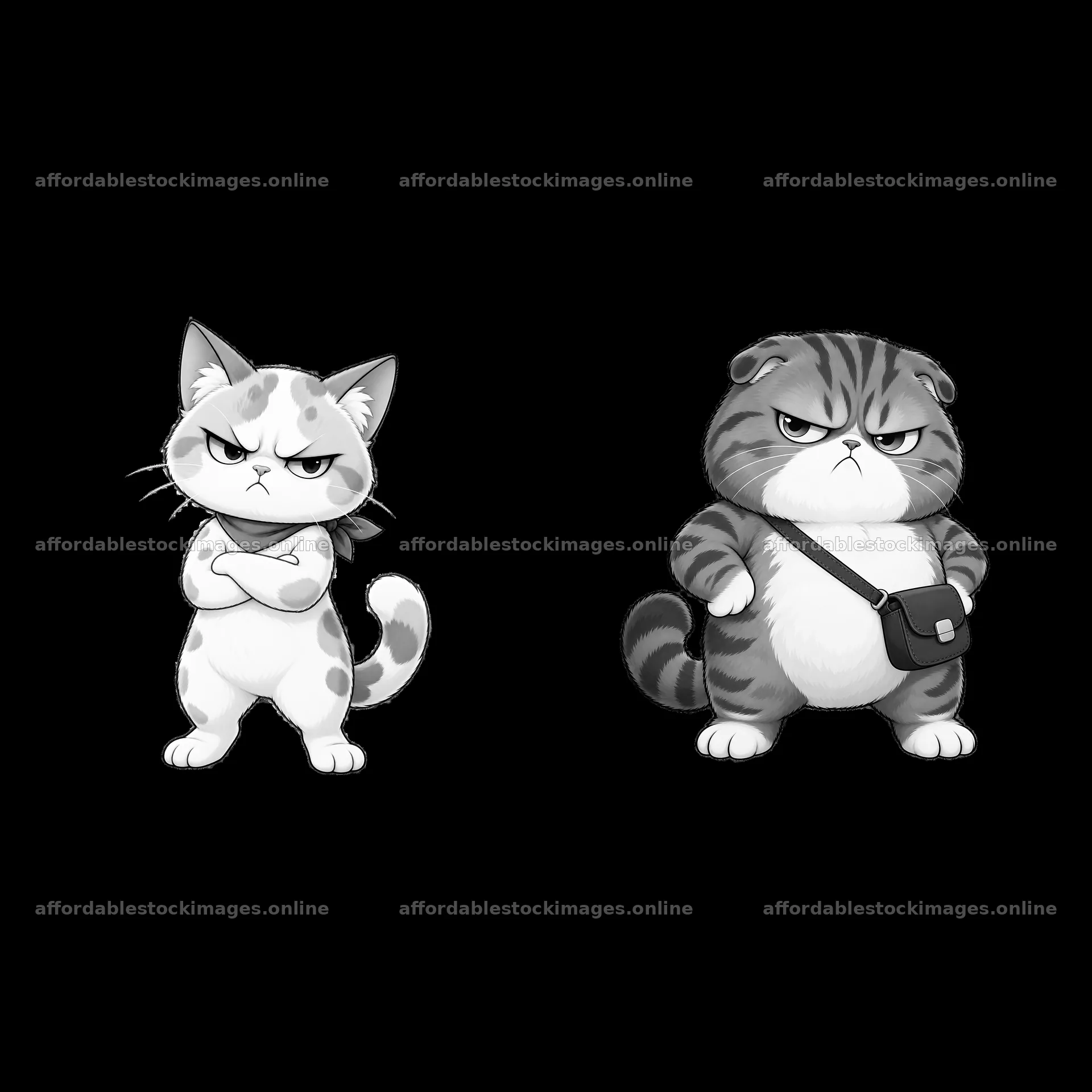 Kawaii grumpy cat cartoon sticker pair with arms crossed – stock images 7746x7746